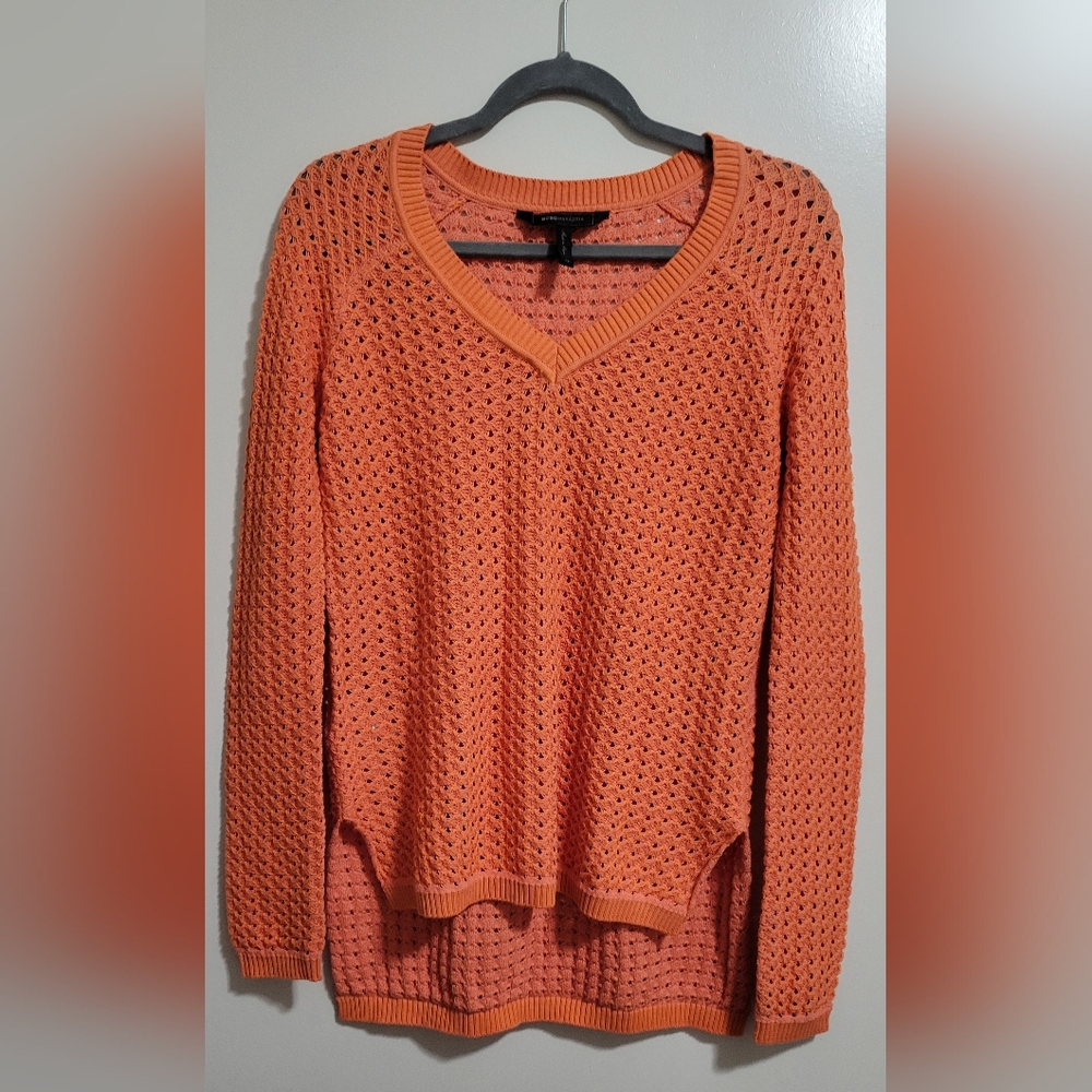 BCBGMaxazria Womens XS Orange Open Knit V-neck Sweater